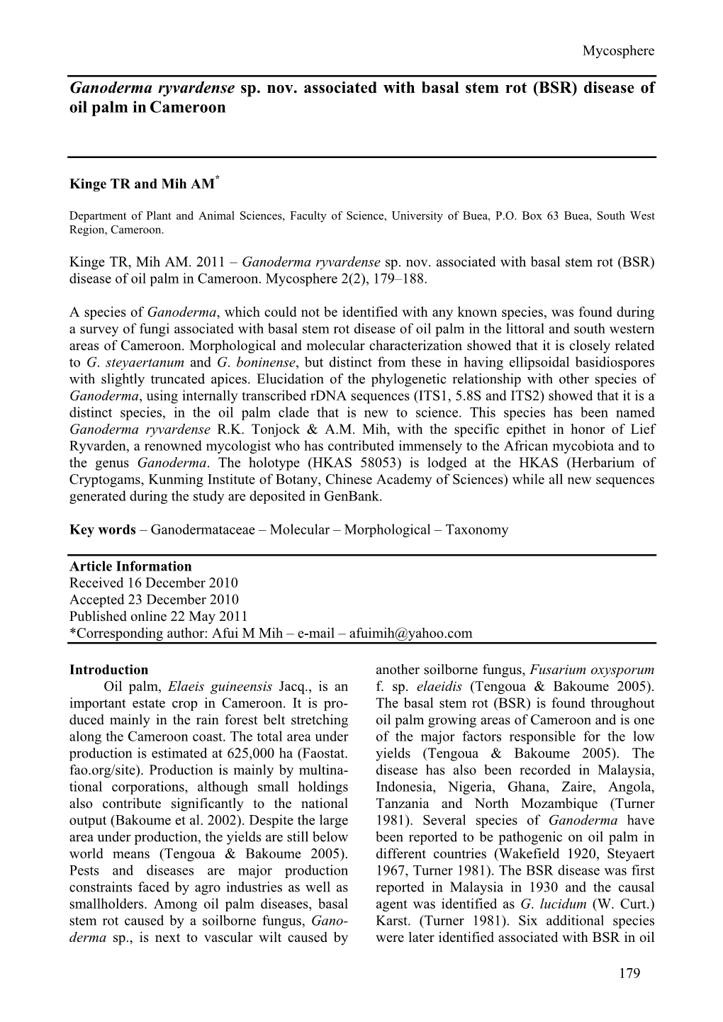 Ganoderma Ryvardense Sp. Nov. Associated with Basal Stem Rot (BSR) Disease of Oil Palm Incameroon