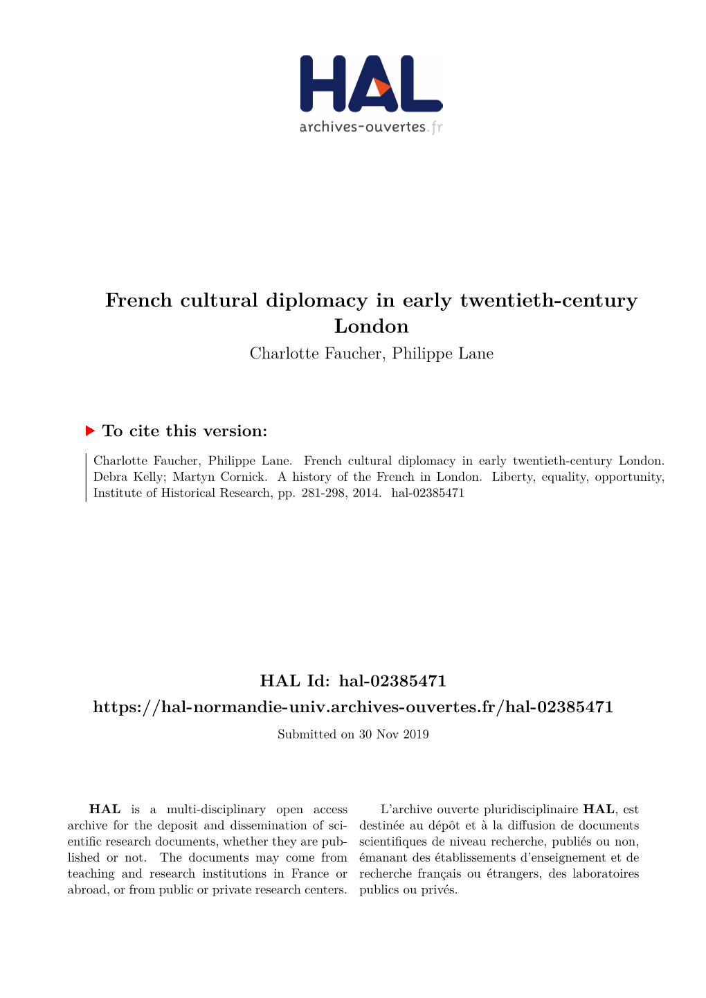 French Cultural Diplomacy in Early Twentieth-Century London Charlotte Faucher, Philippe Lane