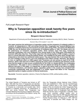 Why Is Tanzanian Opposition Weak Twenty Five Years Since Its Re-Introduction?