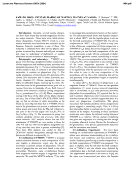 YAMATO 980459: CRYSTALLIZATION of MARTIAN MAGNESIAN MAGMA. E. Koizumi1, T. Mik- Ouchi1, G. Mckay2, A. Monkawa1, J. Chokai1 and M