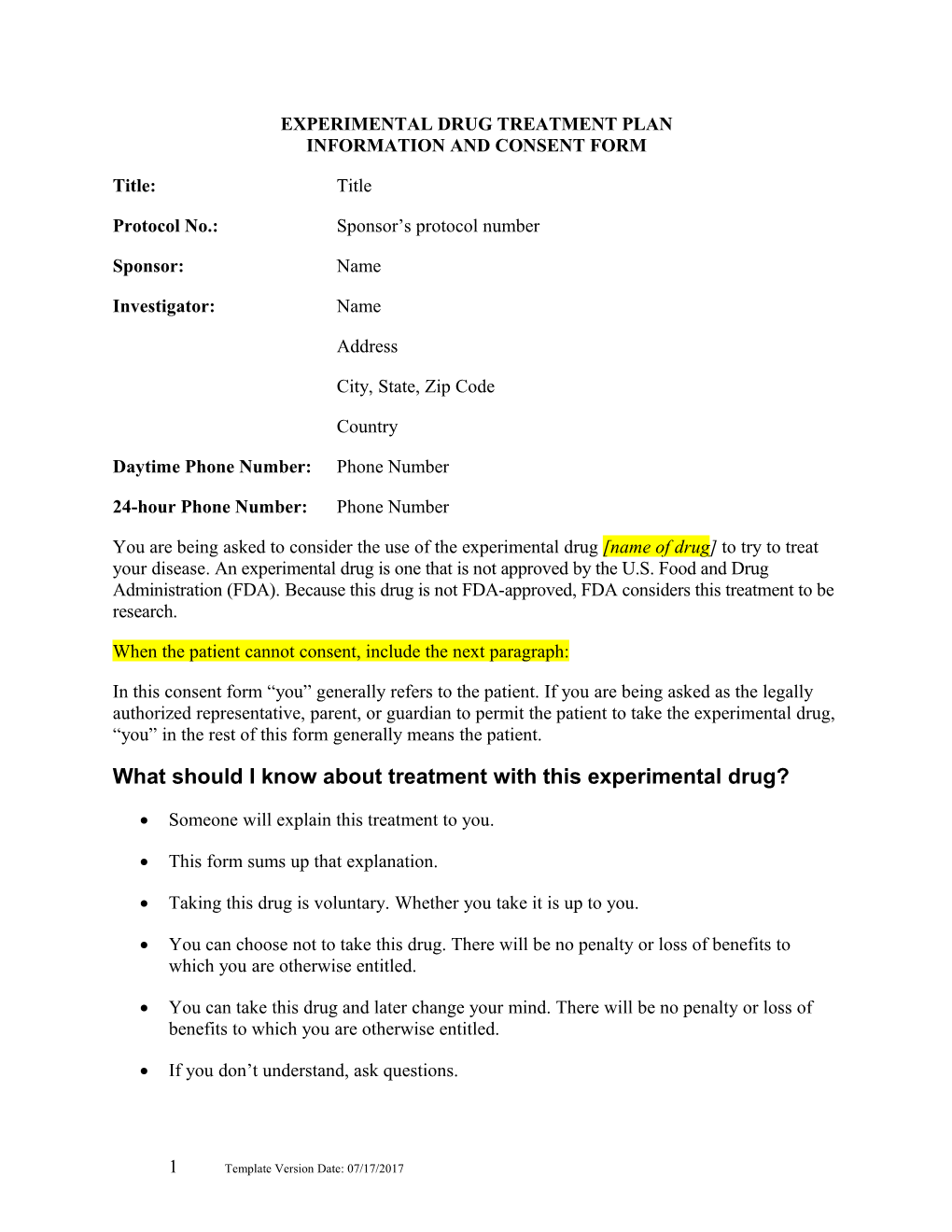 Experimental Drug Treatment Plan