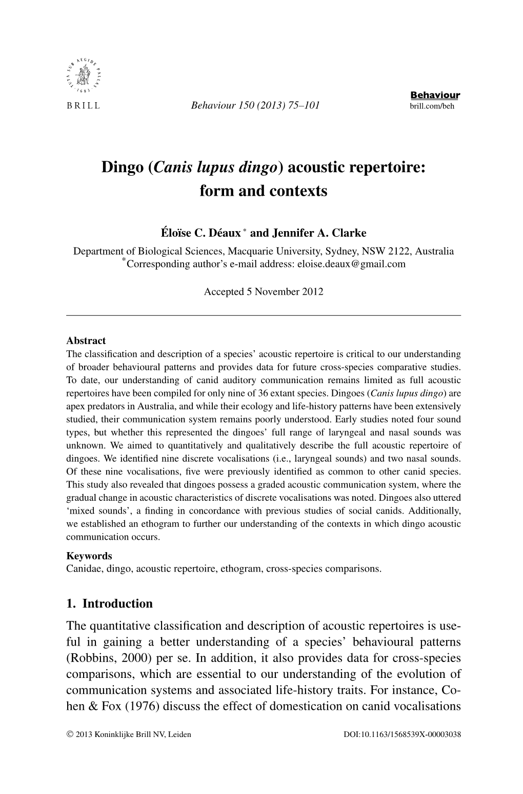 (Canis Lupus Dingo) Acoustic Repertoire: Form and Contexts