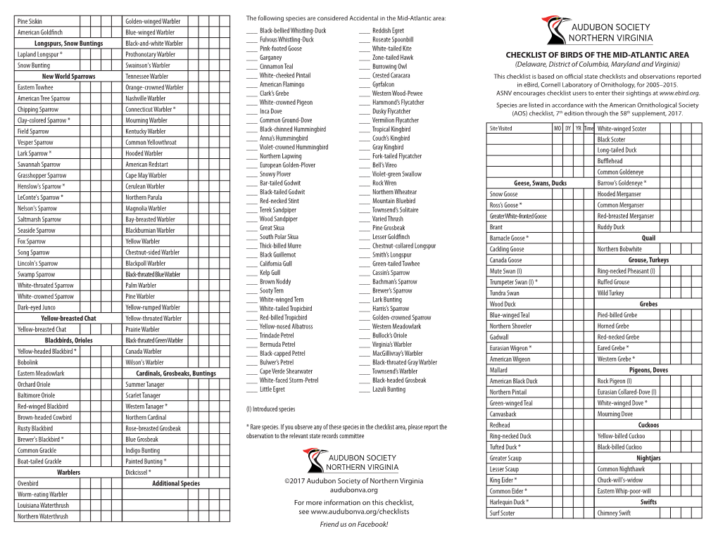 Birds of the Mid-Atlantic Checklist