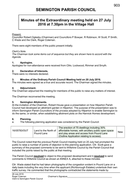 Semington Parish Council Meeting Minutes 27Th July