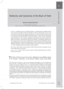 Authority and Canonicity of the Book of Tobit