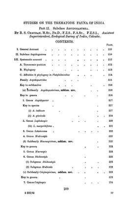 STUDIES on the TREMATODE FAUNA of INDIA Part II. Subclass ASPIDOGASTREA. by B. S. CHAUHAN, M.So., PH.D., F.Z.S., F.A.So., F.Z.S