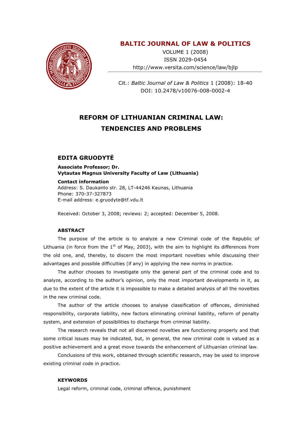 Reform of Lithuanian Criminal Law: Tendencies and Problems