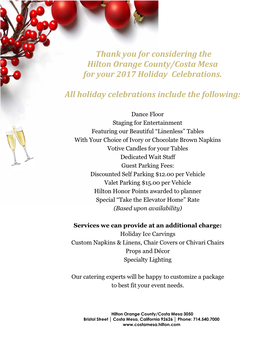 Thank You for Considering the Hilton Orange County/Costa Mesa for Your 2017 Holiday Celebrations