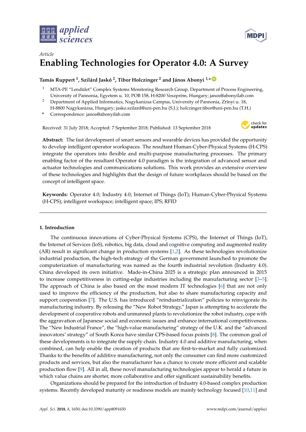 Enabling Technologies for Operator 4.0: a Survey