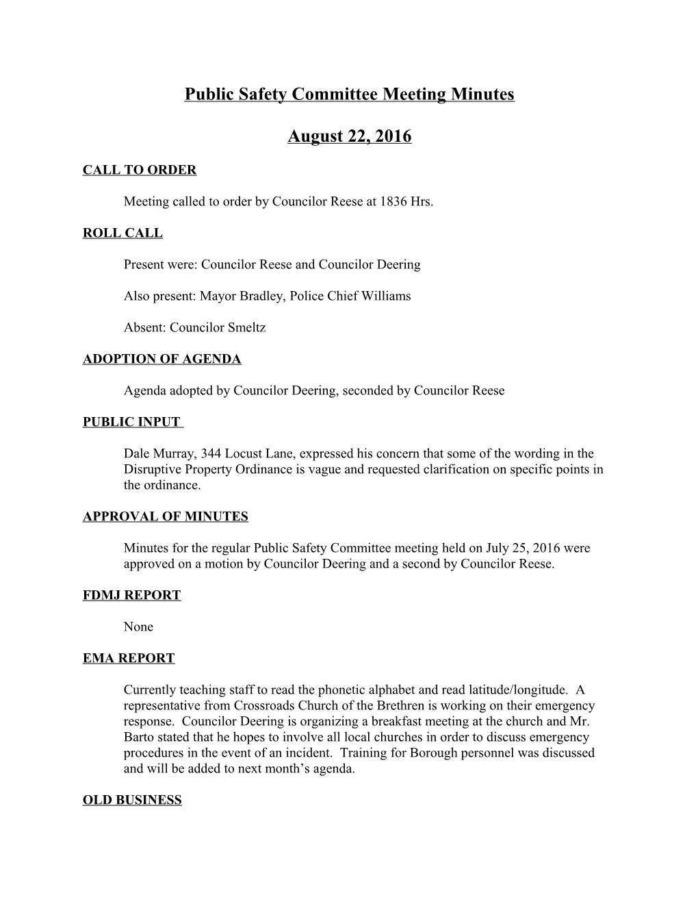 Public Safety Committee Meeting Minutes