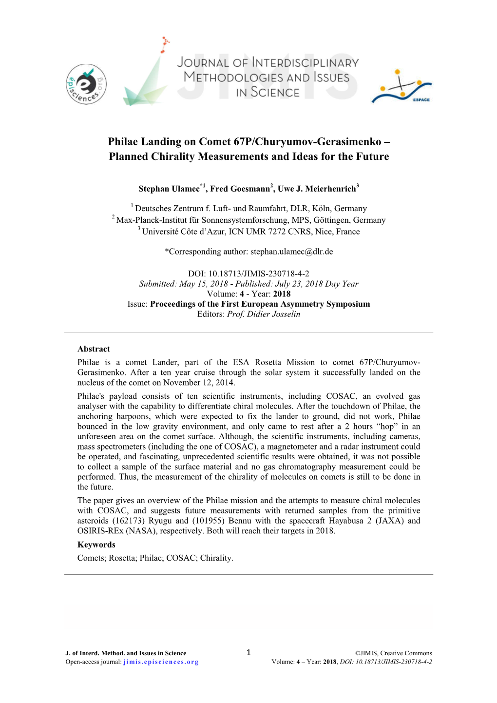 Philae Landing on Comet 67P/Churyumov-Gerasimenko – Planned Chirality Measurements and Ideas for the Future