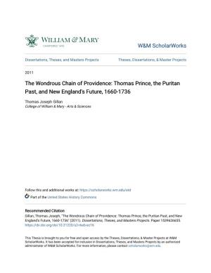 Thomas Prince, the Puritan Past, and New England's Future, 1660-1736