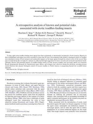 A Retrospective Analysis of Known and Potential Risks Associated with Exotic Toadxax-Feeding Insects