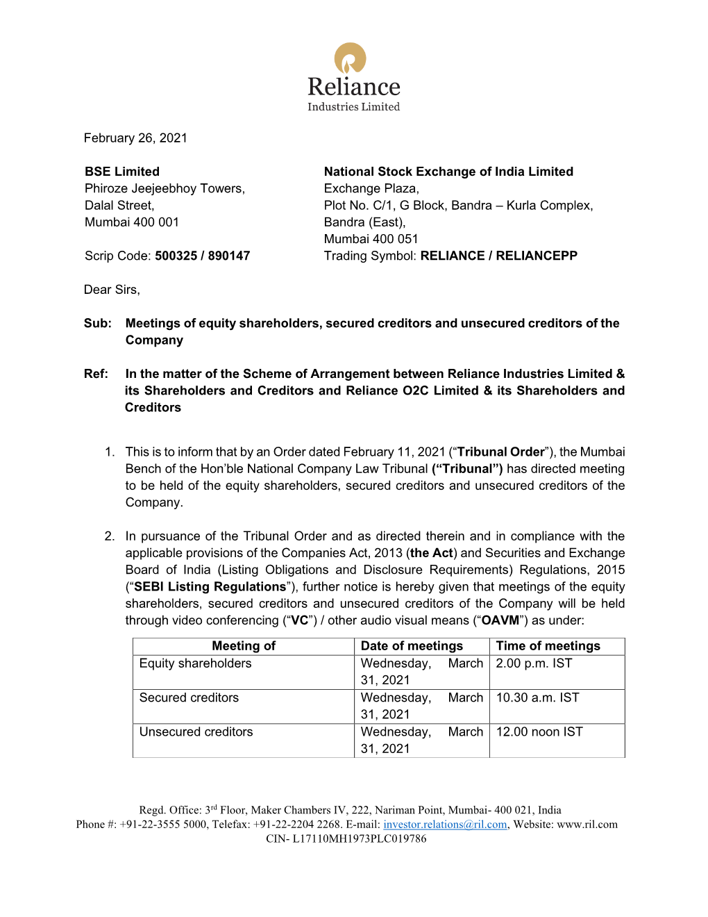 February 26, 2021 BSE Limited Phiroze Jeejeebhoy Towers, Dalal Street, Mumbai 400 001 Scrip Code: 500325 / 890147 National Stock