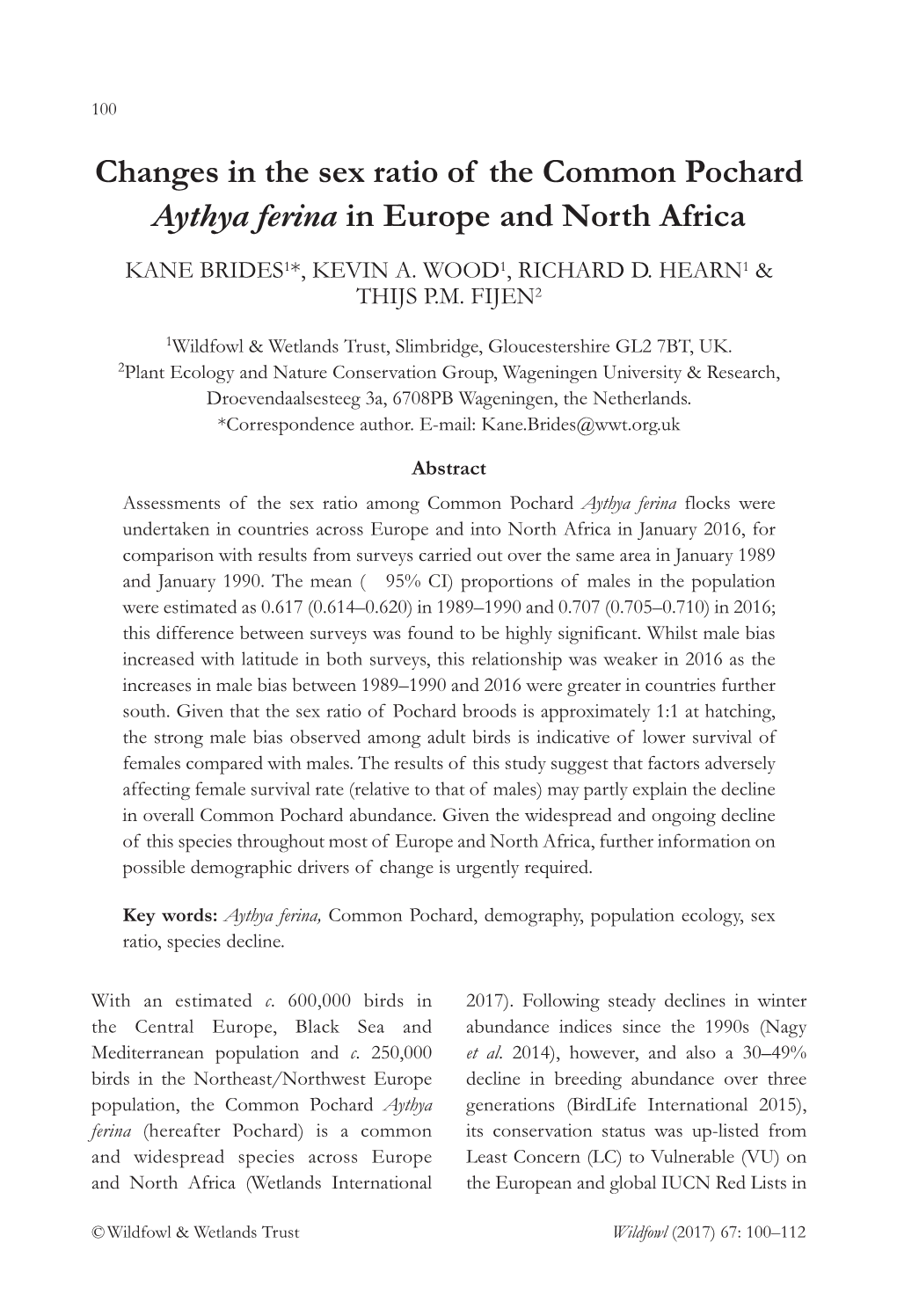 Changes in the Sex Ratio of the Common Pochard Aythya Ferina in Europe and North Africa