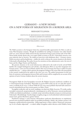 Ethnologia Polona (2012-2013), Germany – a New Home? on a New