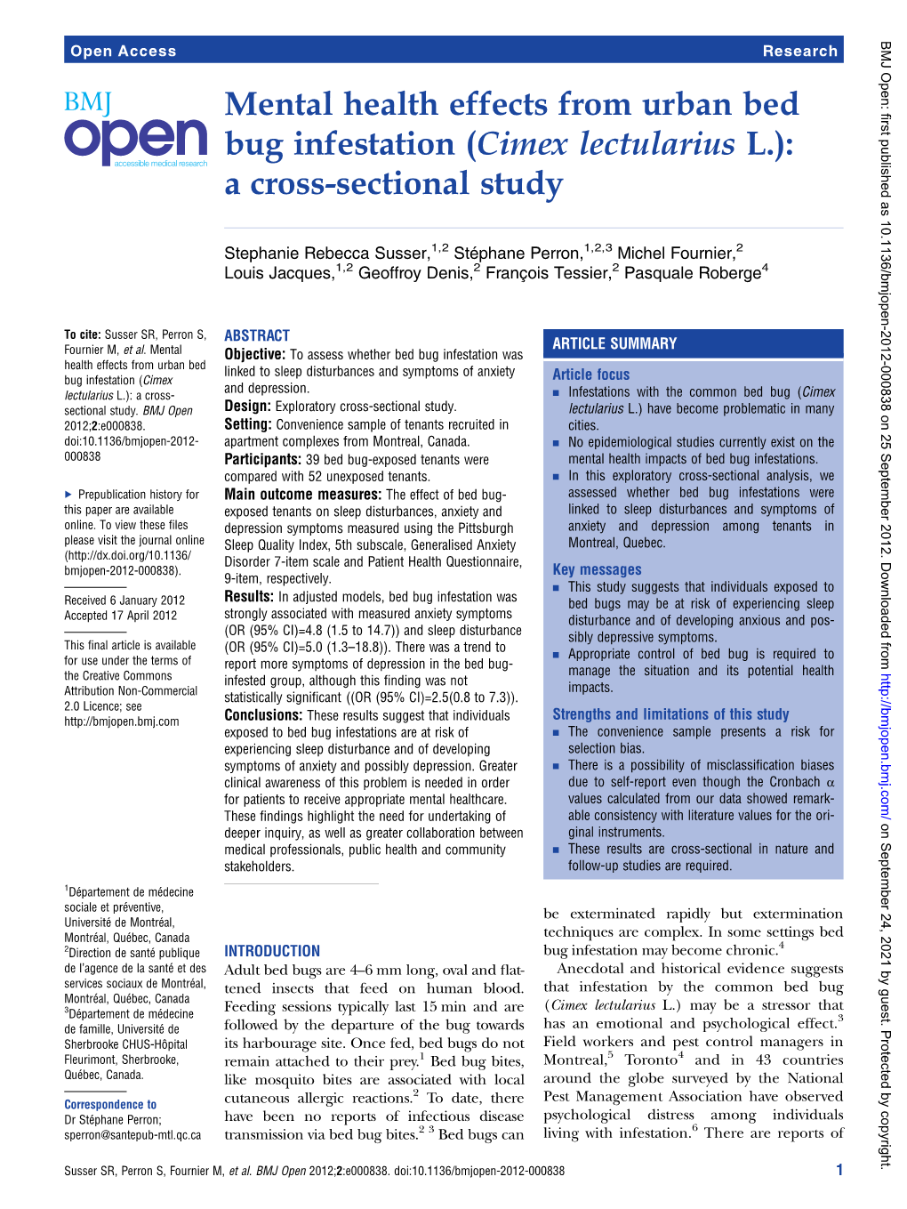 Mental Health Effects from Urban Bed Bug Infestation (Cimex Lectularius L.): a Cross-Sectional Study