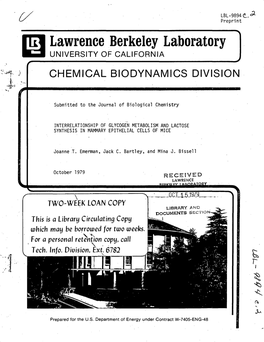 Itli Lawrence Berkeley Laboratory .-;:I UNIVERSITY of CALIFORNIA CHEMICAL BIODYNAMICS DIVISION