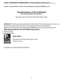 Popularization of the Kabbalah Two Early Modern Perspectives