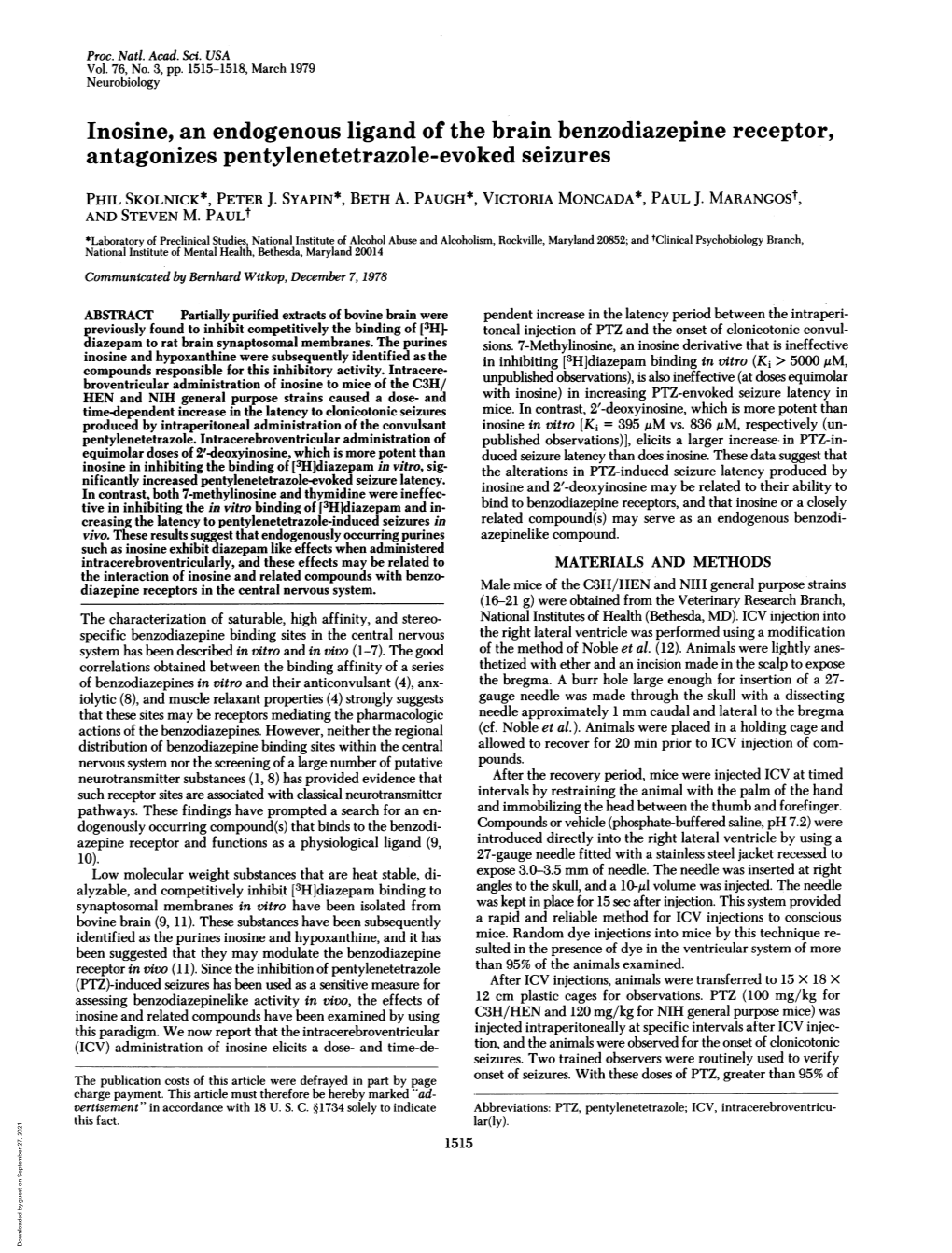 Inosine, an Endogenous Ligand of the Brain Benzodiazepine Receptor, Antagonizes Pentylenetetrazole-Evoked Seizures