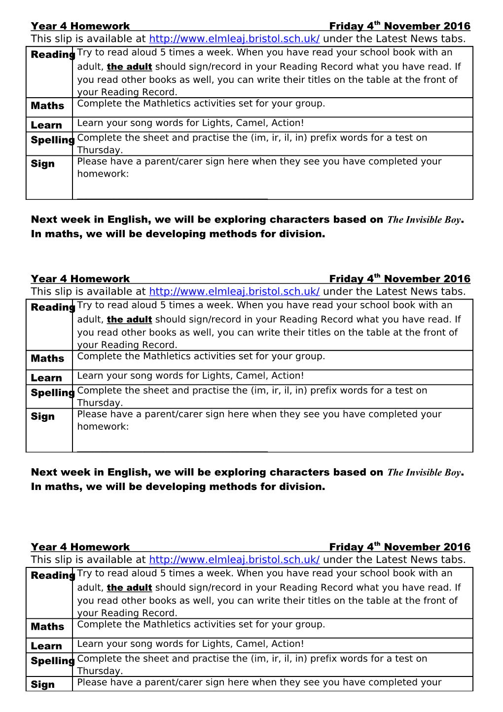 Year 4 Homework Friday 4Th November 2016