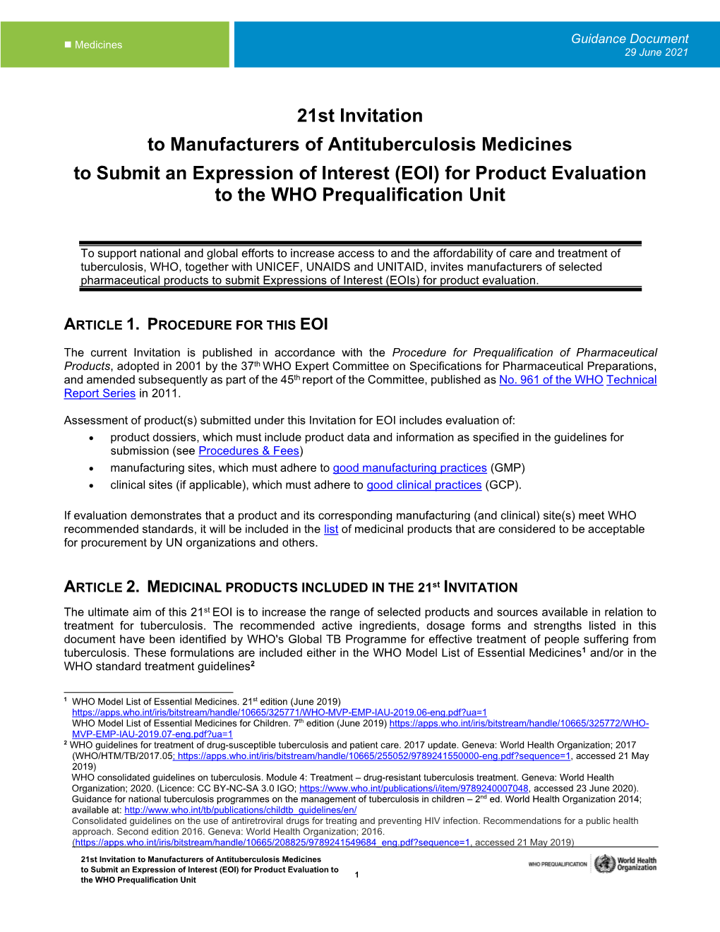 (EOI) for Product Evaluation to the WHO Prequalification Unit