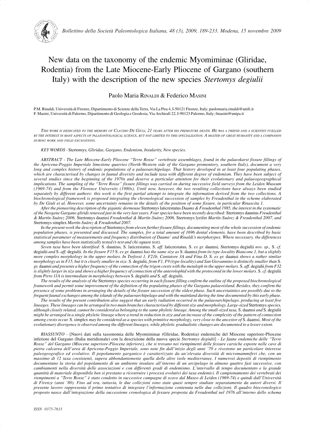 From the Late Miocene-Early Pliocene of Gargano (Southern Italy) with the Description of the New Species Stertomys Degiulii