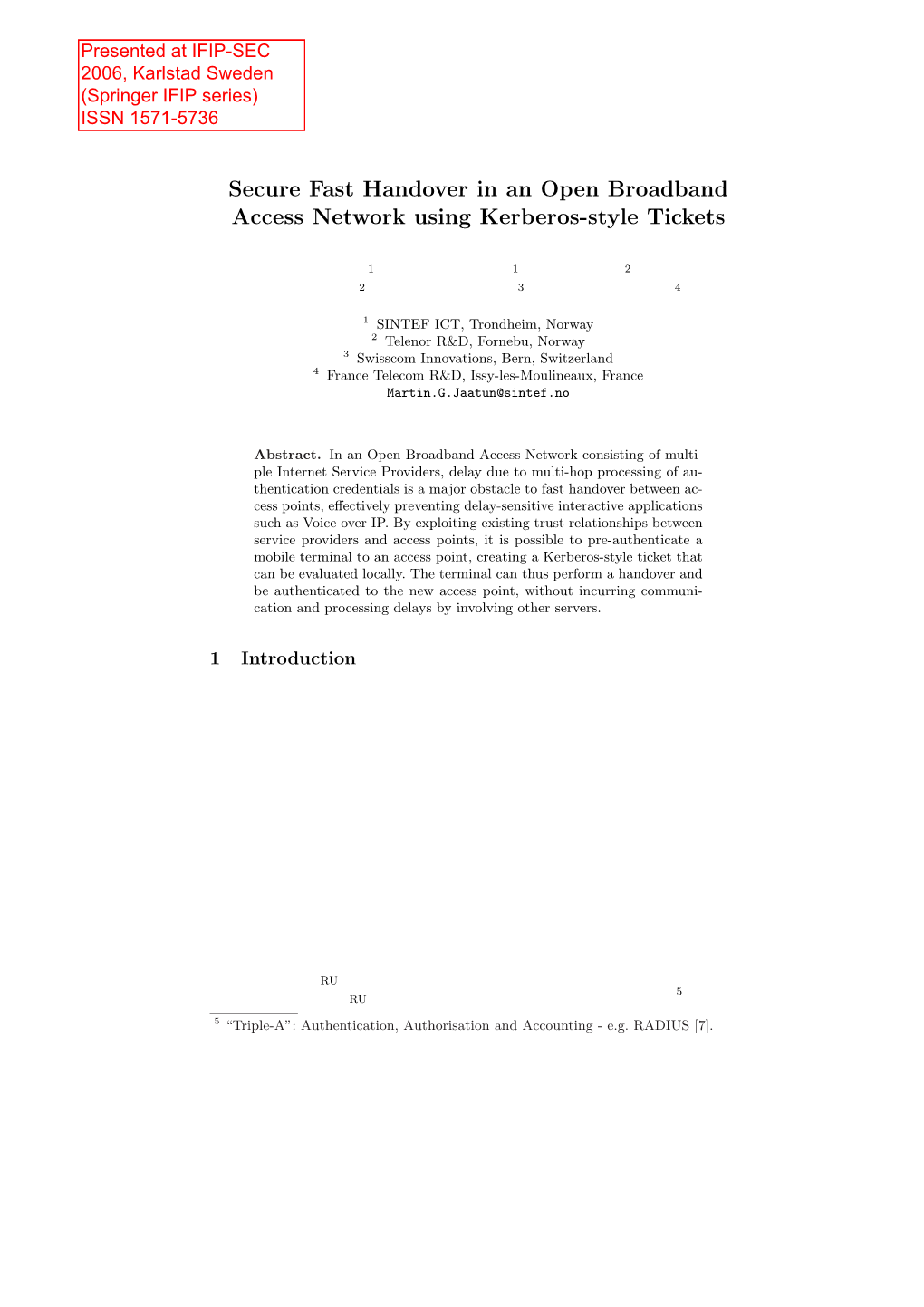 Secure Fast Handover in an Open Broadband Access Network Using Kerberos-Style Tickets