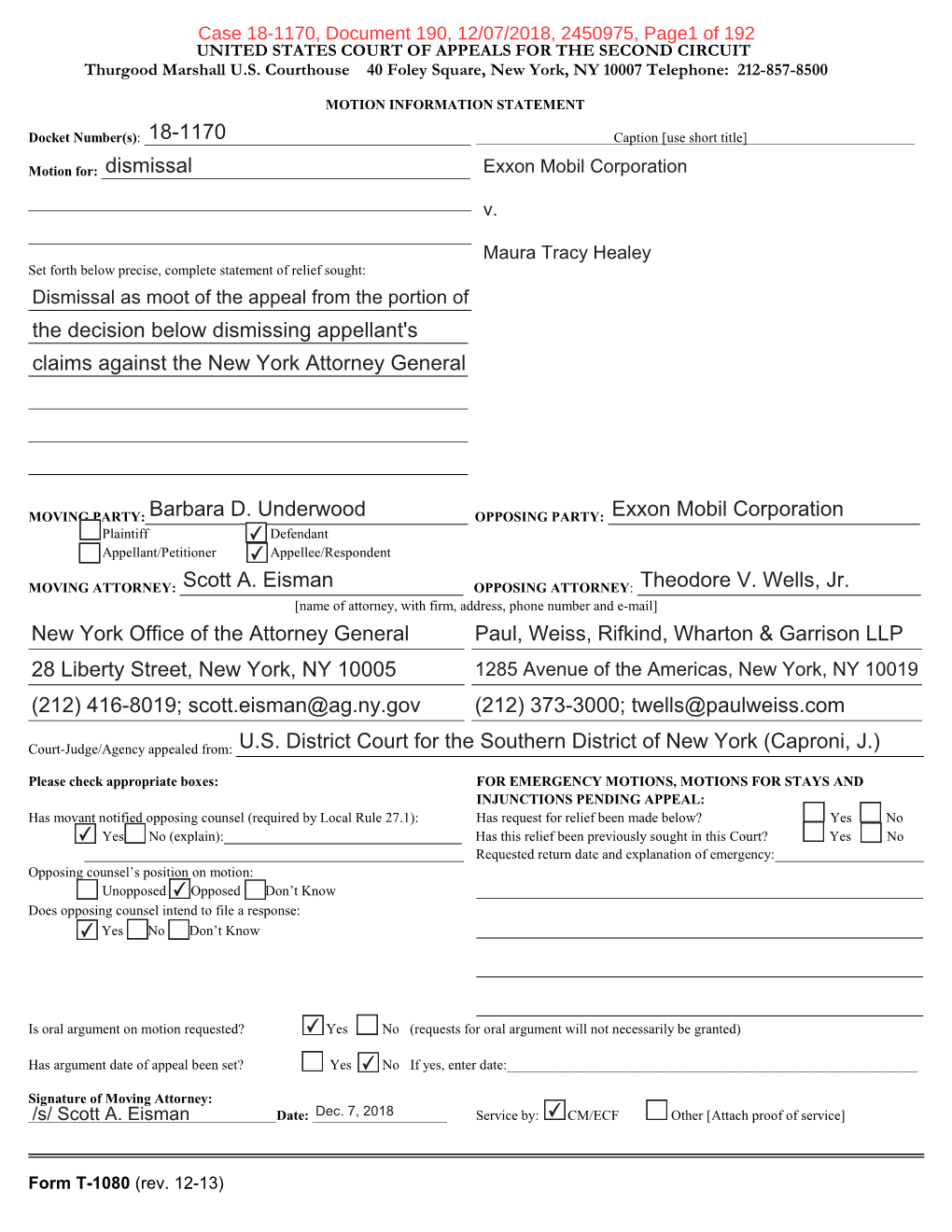 Case 18-1170, Document 190, 12/07/2018, 2450975, Page1 of 192 UNITED STATES COURT of APPEALS for the SECOND CIRCUIT Thurgood Marshall U.S