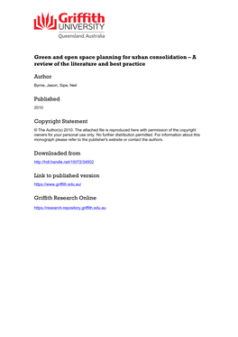 Green and Open Space Planning for Urban Consolidation – a Review of the Literature and Best Practice