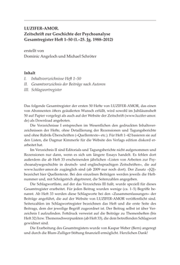 LUZIFER -AMOR. Zeitschrift Zur Geschichte Der Psychoanalyse Gesamtregister Heft 1–50 (1.–25. Jg. 1988–2012)