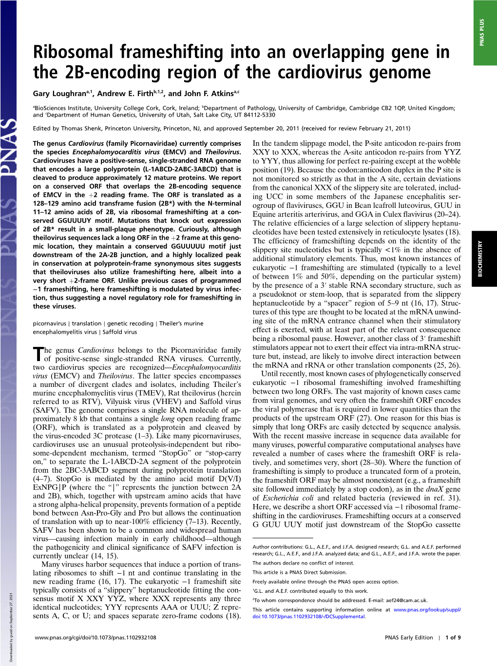 Ribosomal Frameshifting Into an Overlapping Gene in the 2B-Encoding Region of the Cardiovirus Genome