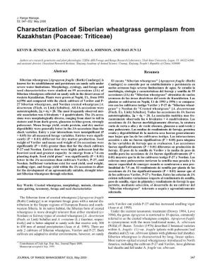 Characterization of Siberian Wheatgrass Germplasm from Kazakhstan (Poaceae: Triticeae)