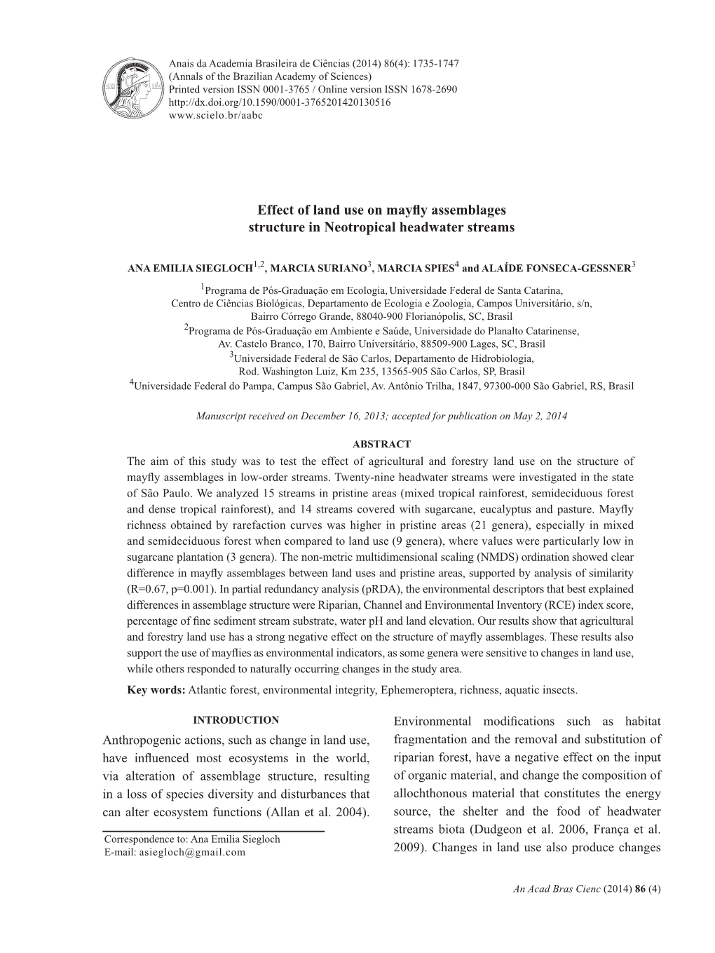 Effect of Land Use on Mayfly Assemblages Structure in Neotropical Headwater Streams