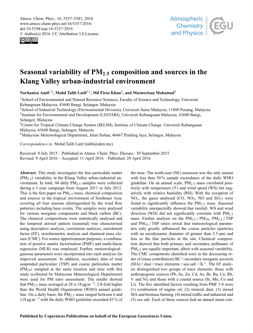 Seasonal Variability of PM2.5 Composition and Sources in the Klang Valley Urban-Industrial Environment