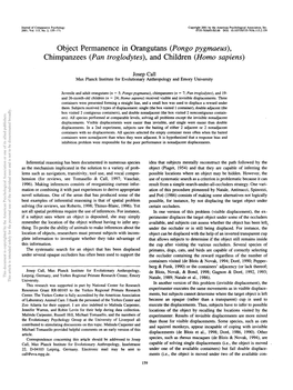 Object Permanence in Orangutans (Pongo Pygmaeus), Chimpanzees (Pan Troglodytes), and Children (Homo Sapiens)