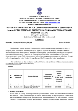 NOTICE INVITING E- TENDER for Common Collection Unit at Gabberia SGH, Howrah by the SECRETARY, DISTRICT HEALTH & FAMILY WELF