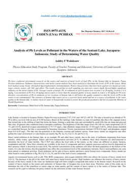 Analysis of Pb Levels As Pollutant in the Waters of the Sentani Lake, Jayapura- Indonesia: Study of Determining Water Quality