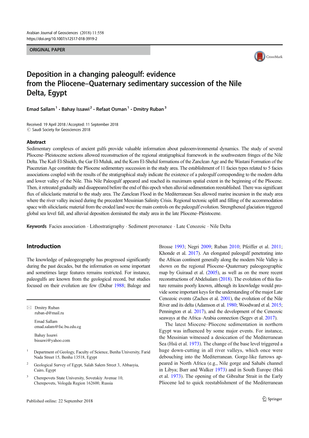 Evidence from the Pliocene–Quaternary Sedimentary Succession of the Nile Delta, Egypt