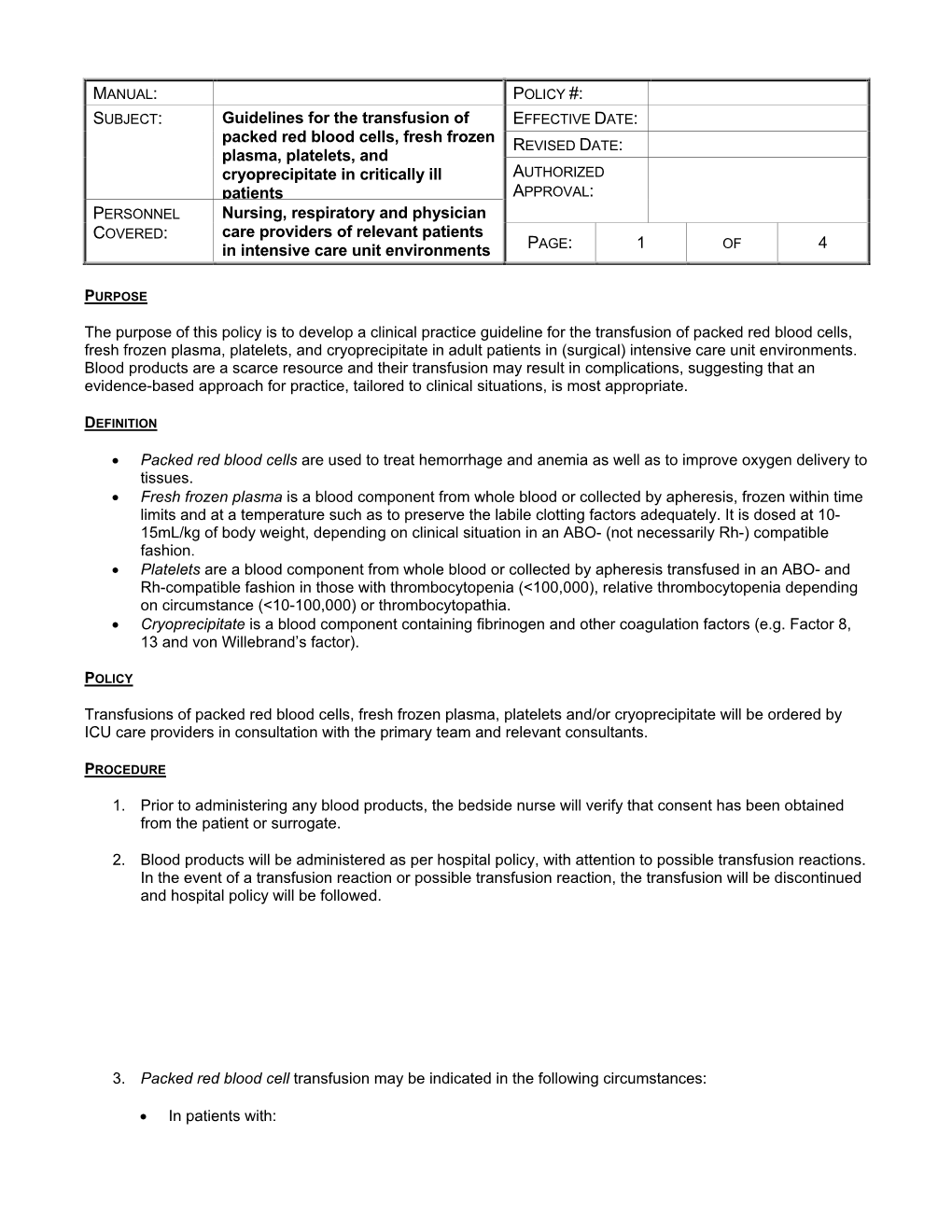 Guidelines for the Transfusion of Packed Red Blood Cells, Fresh Frozen