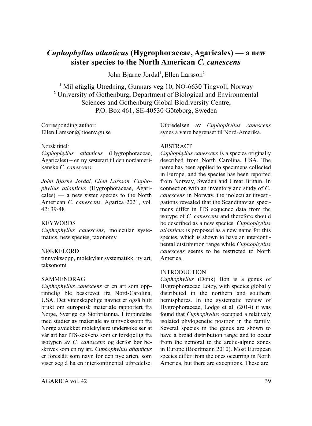 Cuphophyllus Atlanticus (Hygrophoraceae, Agaricales) — a New Sister Species to the North American C