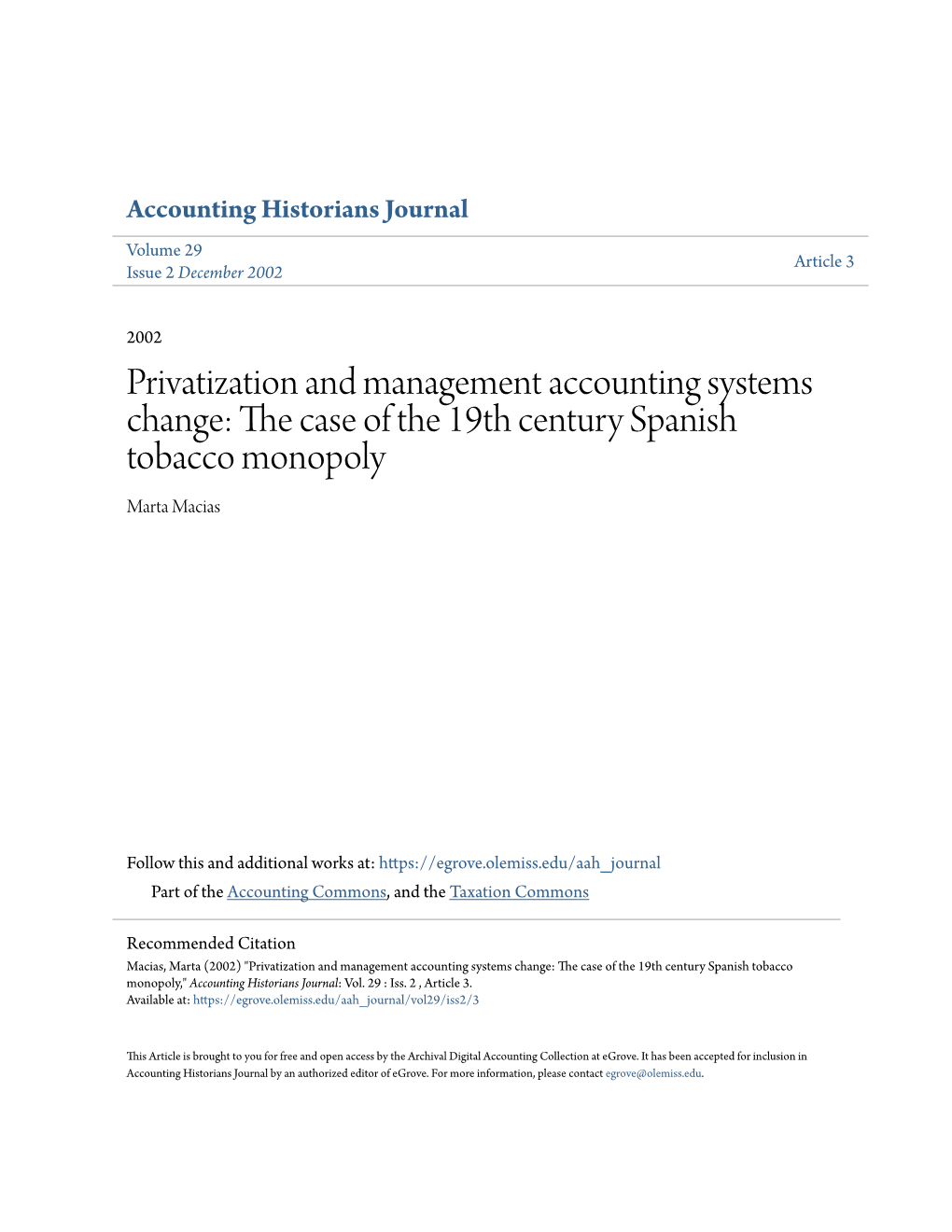 Privatization and Management Accounting Systems Change: the Ac Se of the 19Th Century Spanish Tobacco Monopoly Marta Macias