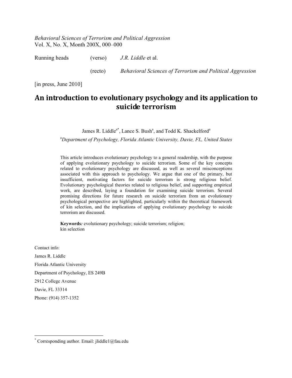 An Introduction to Evolutionary Psychology and Its Application to Suicide Terrorism