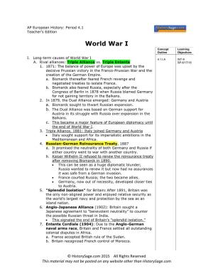World War I Concept Learning Outline Objectives
