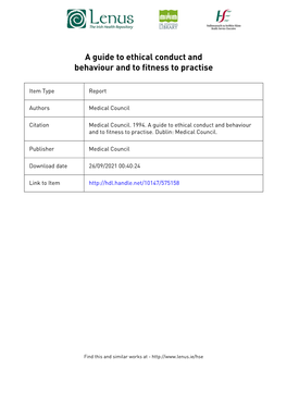 A Guide to Ethical Conduct and Behaviour and to Fitness to Practise