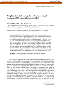 Morphometric Study on Tadpoles of Bombina Variegata (Linnaeus, 1758) (Anura; Bombinatoridae)