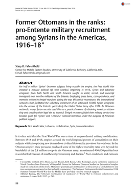 Former Ottomans in the Ranks: Pro-Entente Military Recruitment Among Syrians in the Americas, 1916–18*