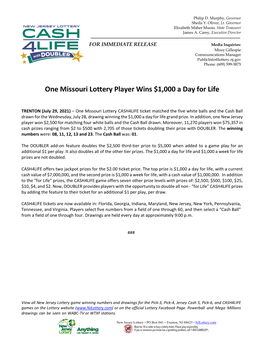 One Missouri Lottery Player Wins $1,000 a Day for Life