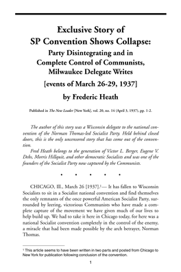 Exclusive Story of SP Convention Shows Collapse: Party Disintegrating and in Complete Control of Communists, Milwaukee