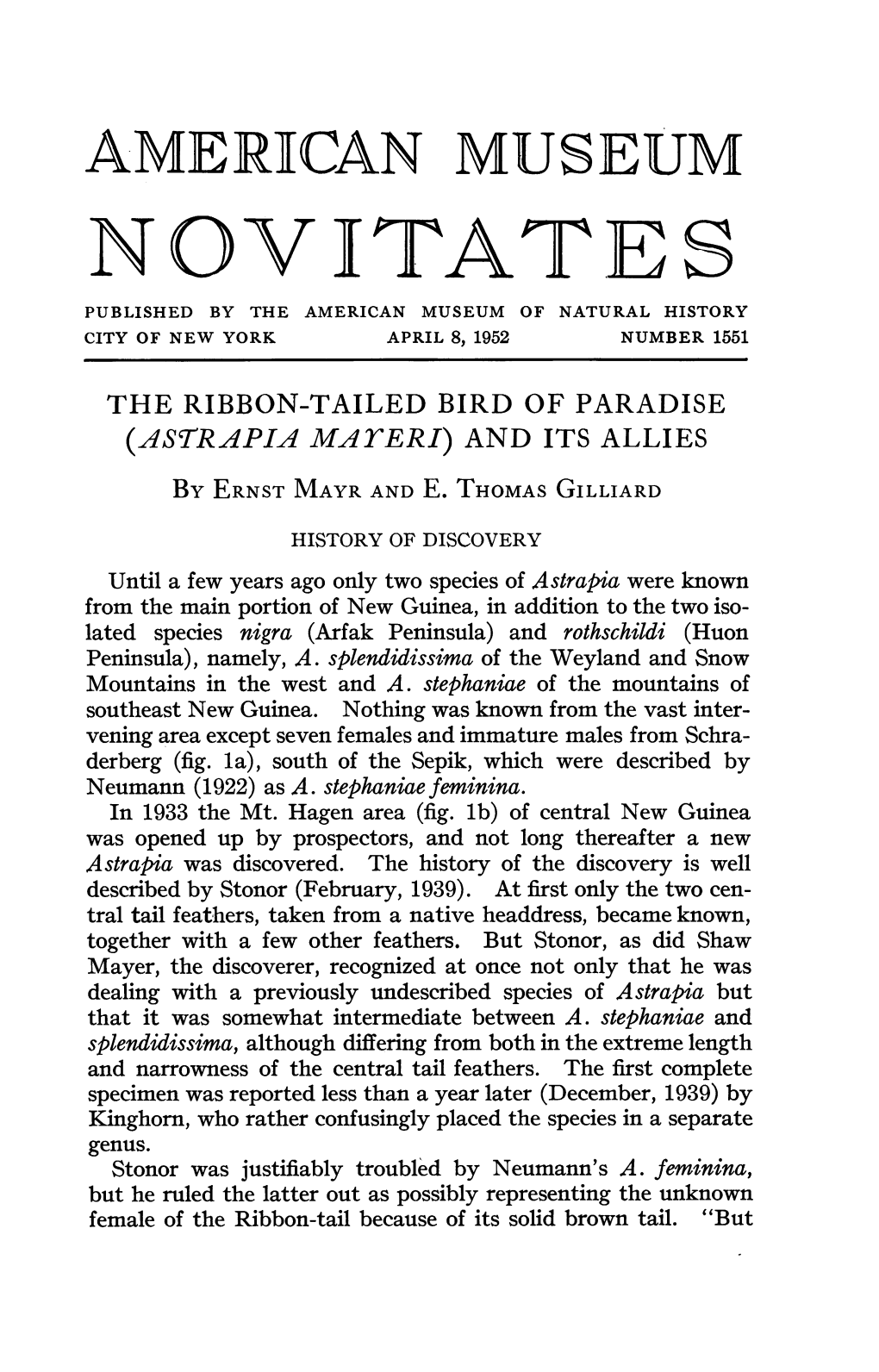 Novitates Published by the American Museum of Natural History City of New York April 8, 1952 Number 1551